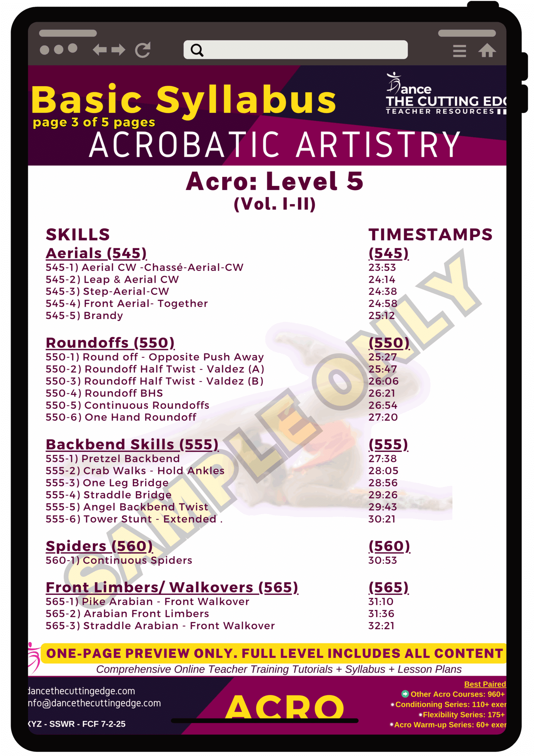 Progressive Acro Skill List with PDF Syllabus, Tutorial Links, and Lesson Planning Support – Created by DTCE