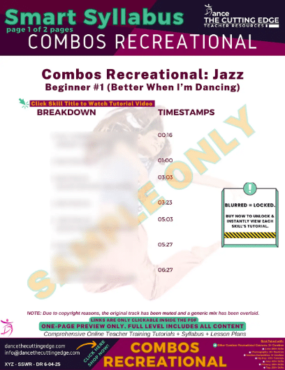 Jazz dance curriculum for beginner classes with video tutorials and a clickable PDF syllabus from DTCE method